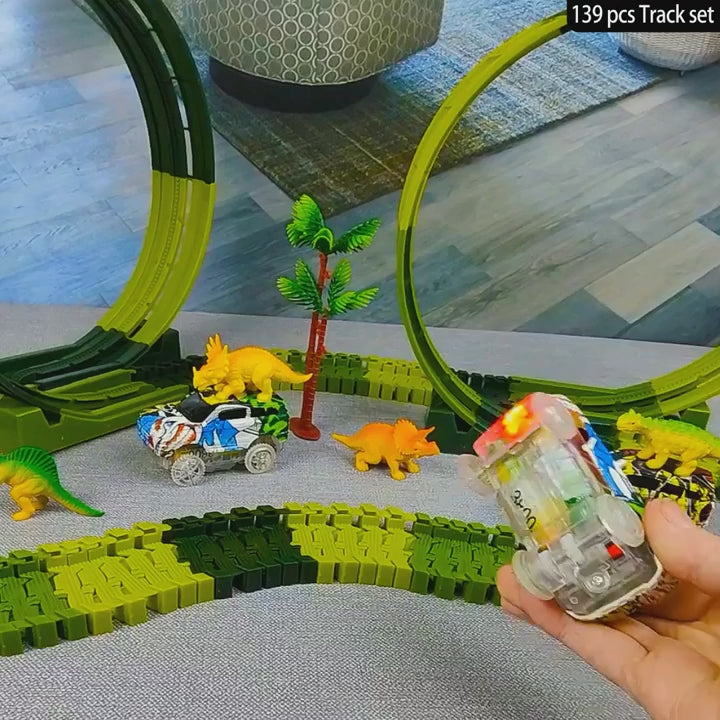 Magic Climbing Electric Dinosaur Car Track Railway Toy Car Set Bend Flexible Race Track Flash Light Car High Quality Toy For Kid